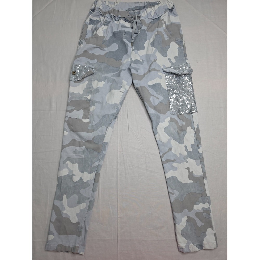 Meo Meli Cargo Pants Womens 10 Gray Camouflage Stretch Sequin Drawstring Outdoor